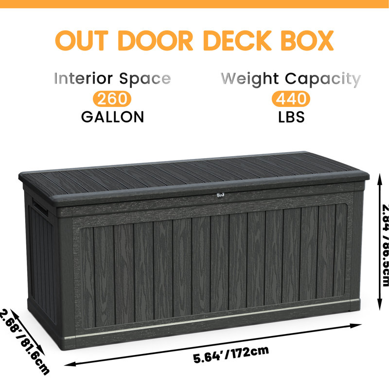 Black Outdoor 260 Gallon Deck Box With Double - Wall Technology, All Weather , Suitable For Patio Cushions And Can Serve As A Table Structure, Guard Resin, Ideal Gardening Tools An Extra Surface