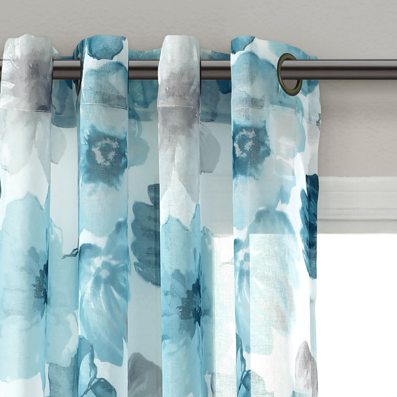 Leah Blue Floral Sheer Polyester Window Curtain Panels