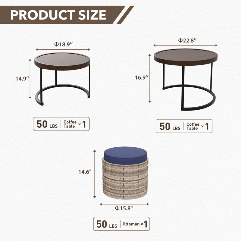 Set of 3 Wood Grain Top Nesting Round Metal Frame Coffee Table, Round Brown Wicker Ottomans with Cushion, Blue
