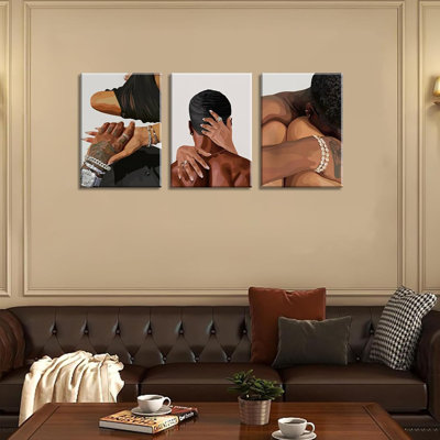 Black Couple Canvas Wall Art Set Of 3 Fashion African American Black Love Wall Decor Pictures Afro Women Men Posters Prints For Living Room Bedroom Decoration, 16X24in