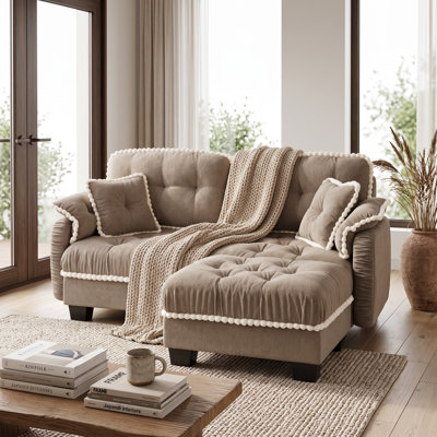 Canapé nuage 2 places en chenille marron avec pouf amovible, coussins capitonnés et finitions à pompons