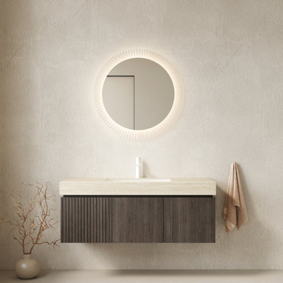Meuble-lavabo avec lavabo en céramique de 48 po, armoire de rangement en contreplaqué flottant, plateau en pierre frittée, 1 trou de robinet pré-percé, assemblé, beige, grand espace, grand mur