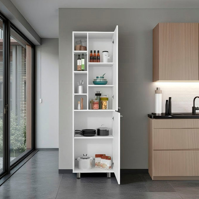 Garde-manger Burton avec 2 portes, tablettes réglables, tablettes latérales, armoire de rangement compacte pour l'organisation de la cuisine