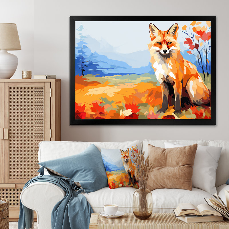Orange orange, feuille, aventure III - art mural renard, Cadre flottant noir, H 24 po x l 32 po x P 1 po