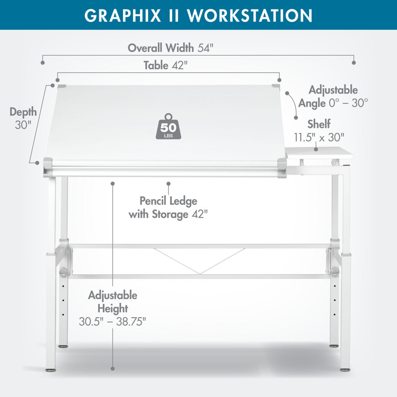 Cowie Adjustable Metal Base Drafting Table, 54" W x 31.5" D