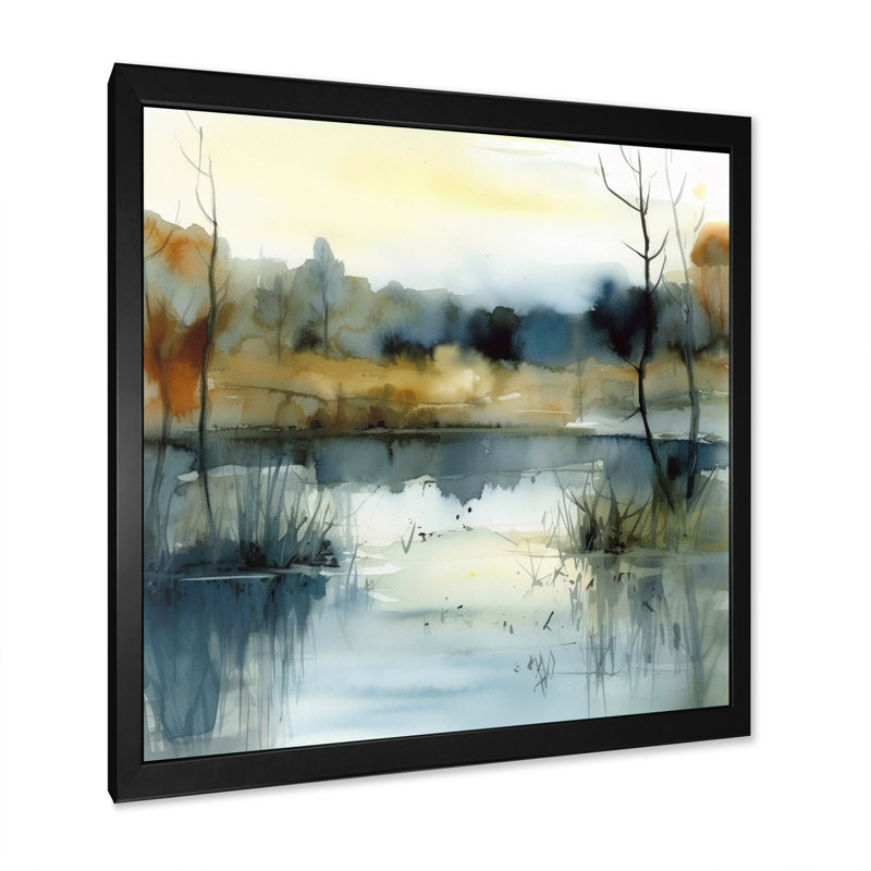 Summer Lake Landscape Illustration VI Framed On Canvas Print, 24" H x 24" W, Black Picture Framed