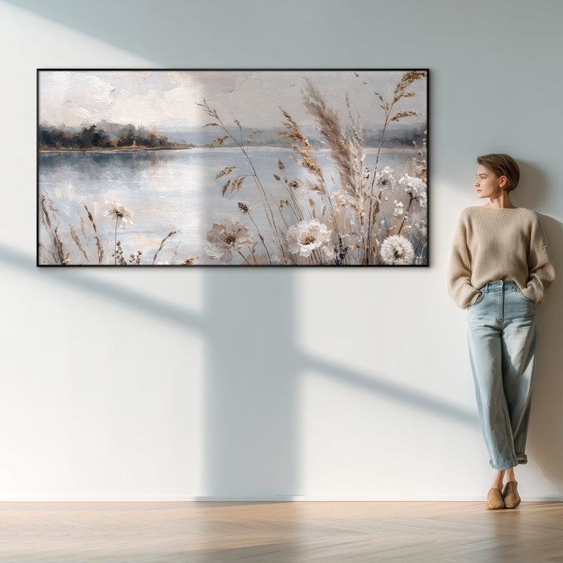 Très grand art mural imprimé sur toile - roseaux côtiers beiges, décor de salon de campagne - "Assemblage requis (cadre non fini)"