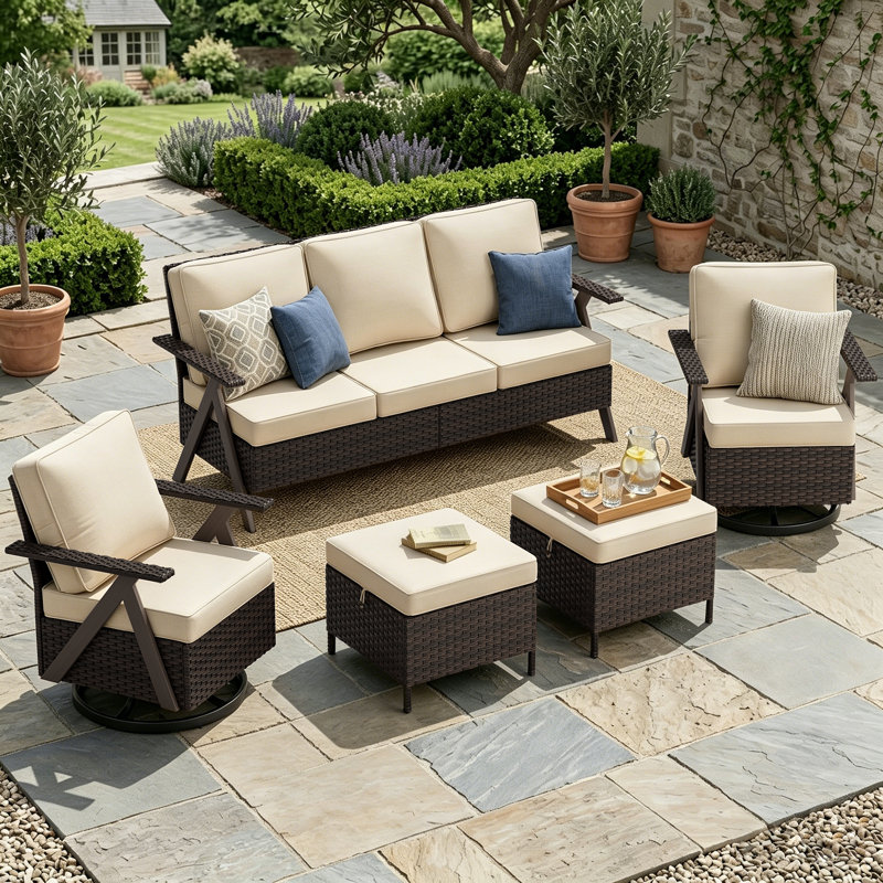 5-Piece Outdoor Patio PE Wicker Set With 3-Seat Sofa, 2 Swivel Chairs, 2 Ottomans & Beige Cushion, Beige