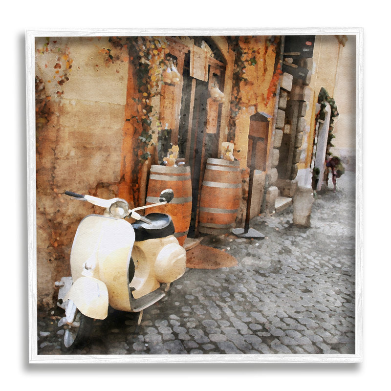 " Moped In Town Alley " by LSR Design Studio, White Framed, 24" H x 24" W x 1.5" D
