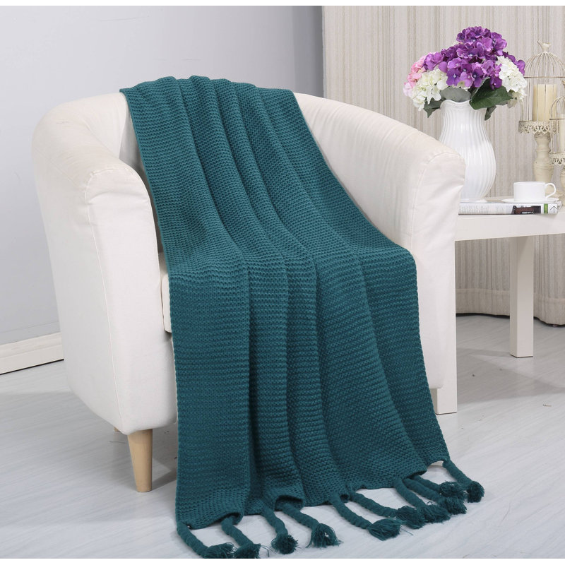  Jeté tissé en tricot rétro, Bleu sarcelle