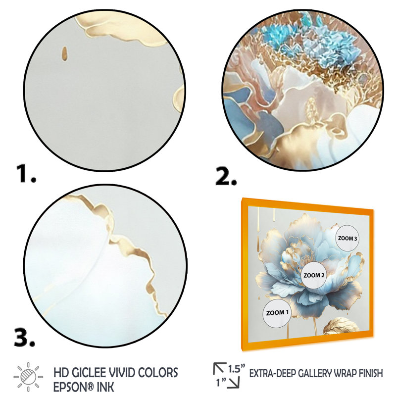 «Chic Blue Blooming Flower II», peinture sur toile, H 30 po x l 30 po x P 1 po, Toile avec cadre photo doré
