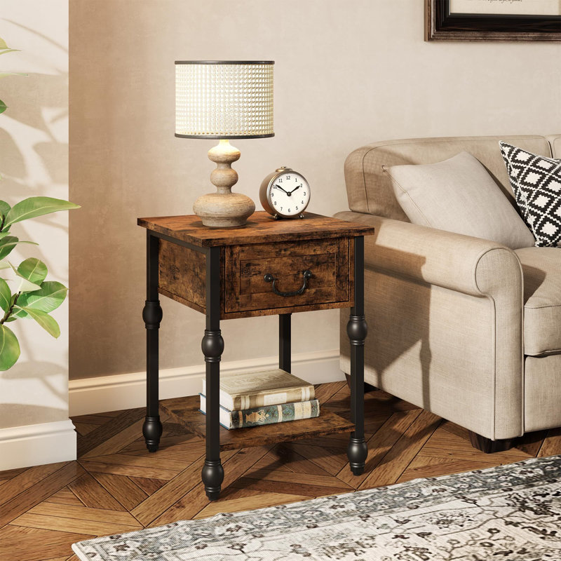 Table de bout, table d'appoint industrielle avec tiroir et tablette de rangement