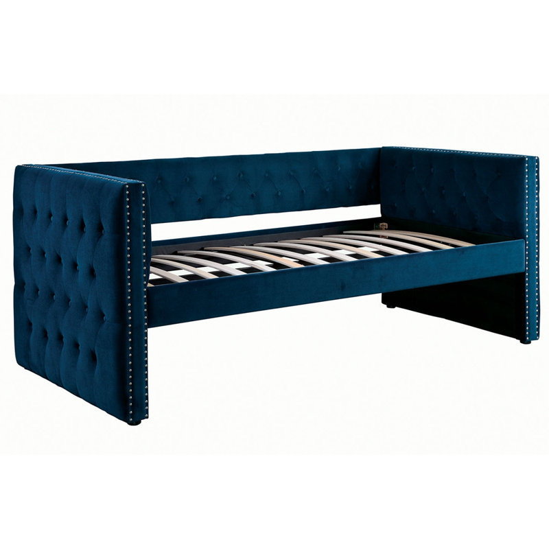 Transitional Style Daybed W Trundle Padded Button Tufted Upholstery Nailhead Trim Included Slat Kit Tuxedo Design Navy Finish