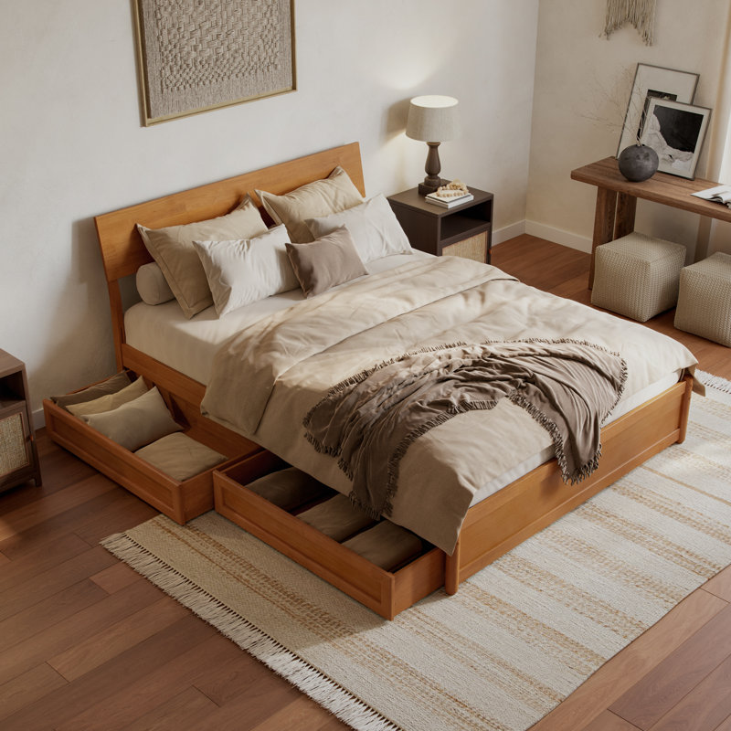Norla Wood Platform Bed with Storage Drawers, Queen, Light Toffee
