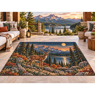 Tapis d'extérieur 152 x 213 cm (5' x 7') Motif Cerf, Lune, Montagne et Lac, épais, imperméable, en PVC bouclé, résistant, séchage rapide, idéal pour terrasse, balcon, VR et intérieur.