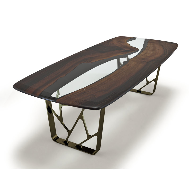 Walnut Metal Base Dining Table, Clear/Brown