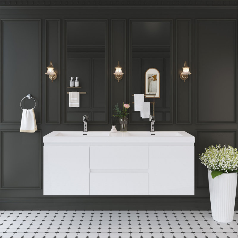 Meuble-lavabo flottant 60 po avec lavabo, meuble-lavabo mural avec lavabo à surface solide et deux tiroirs à fermeture en douceur, blanc brillant