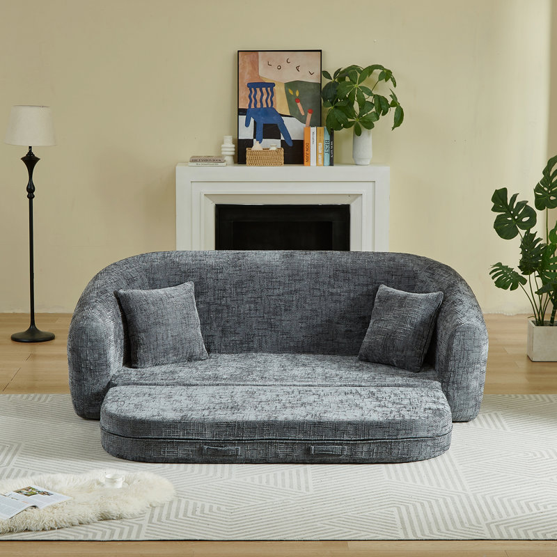 Canapé inclinable incurvé convertible, canapé-lit 2 en 1 escamotable avec base escamotable et assise profonde, fauteuil inclinable en chenille à deux places avec deux coussins, aucun assemblage requis
