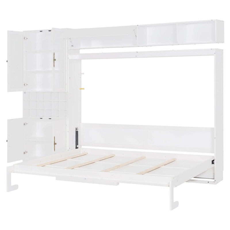 Grand lit escamotable mural avec canapé, tablettes USB et luminaires, blanc (ancien SKU: LP000764AAK), Blanc / gris