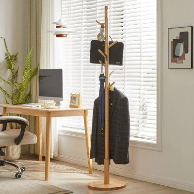 Portemanteau autoportant en bois, portemanteau à finition naturelle avec 8 crochets et 3 options de hauteur, portemanteau robuste et adulte pour le vestibule, bureau à domicile