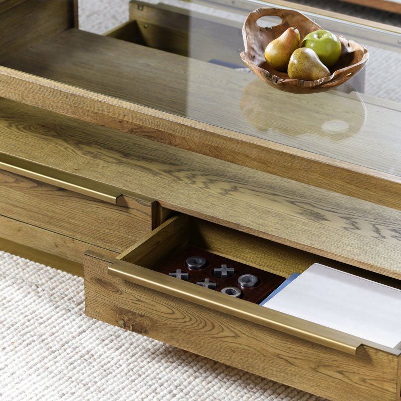 Fallbook Glass Top Coffee Table with Drawers