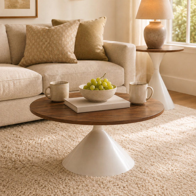 Ensemble de 2 tables basses rondes avec plateau en noyer et base en métal, 15.8" H x 27.6" W x 27.6" D, Walnut / White