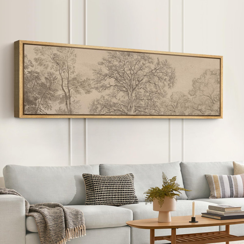 Rustic Countryside Vintage Landscape Sketch Tree and Landscape Pattern Modern Art Extra Large Artwork Print Wall Art, Natural