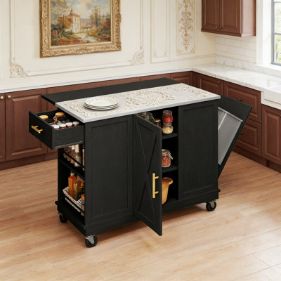 Mobile Kitchen Island With Stainless Steel Countertop, Foldable Leaf, Seating Stools, And Trash Cabinet - Rolling Cart With Ample Storage And Spice Rack