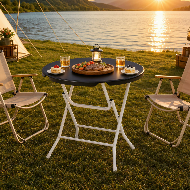 31.5" Round Folding Banquet Table, Portable Plastic Coffee Card Dining Table for Outdoor Party Event, Black