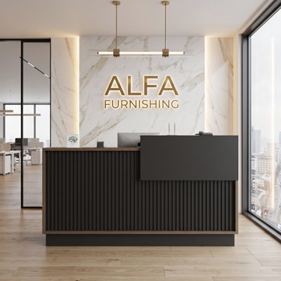 71" Black Fluted Reception Desk with Storage Cabinet and Keyboard Tray