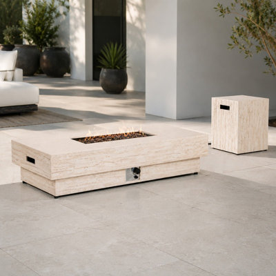 Terrafab Composite Faux Travertine Fire Pit Coffee Table Set with Propane Tank Holder