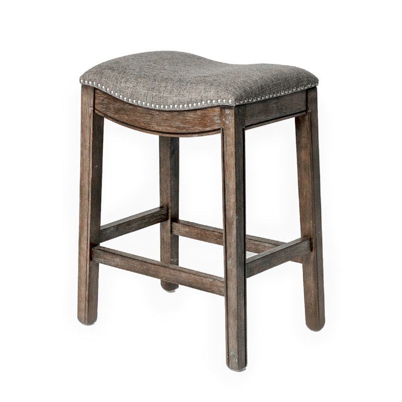Maven Lane Adrien Backless Saddle Kitchen Stool with Fabric Upholstery, Gray Fabric / Walnut, Counter Stool (26" Seat Height)