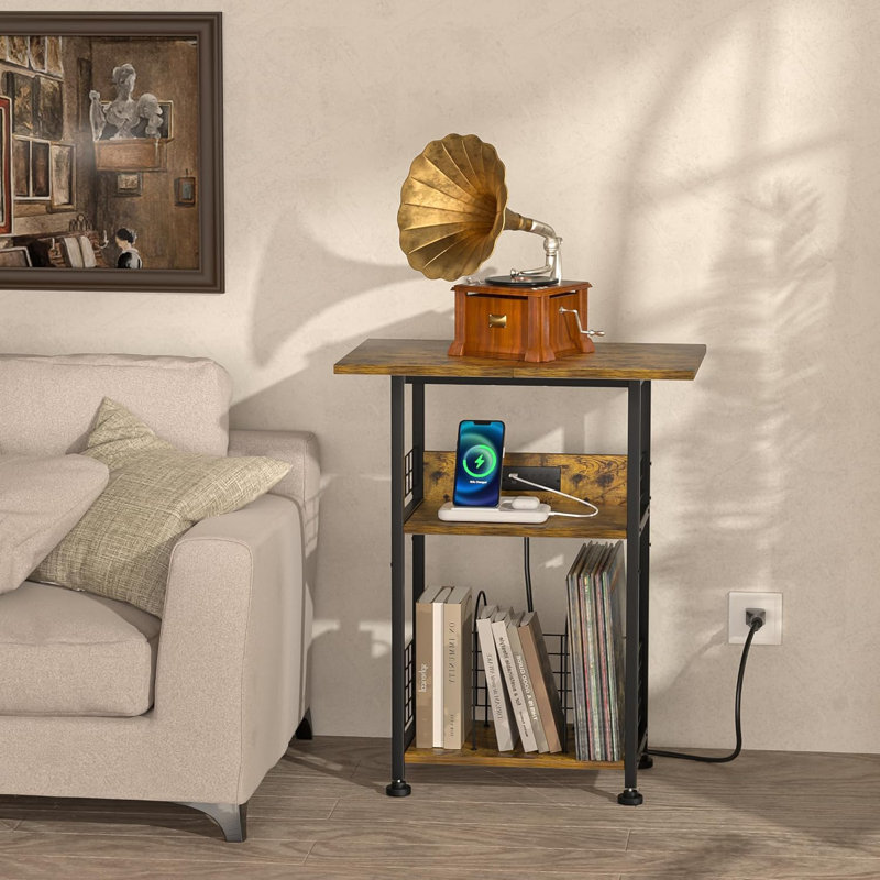 Darrius Rustic Brown Record Player Stand With Vinyl Storage And Charging Station