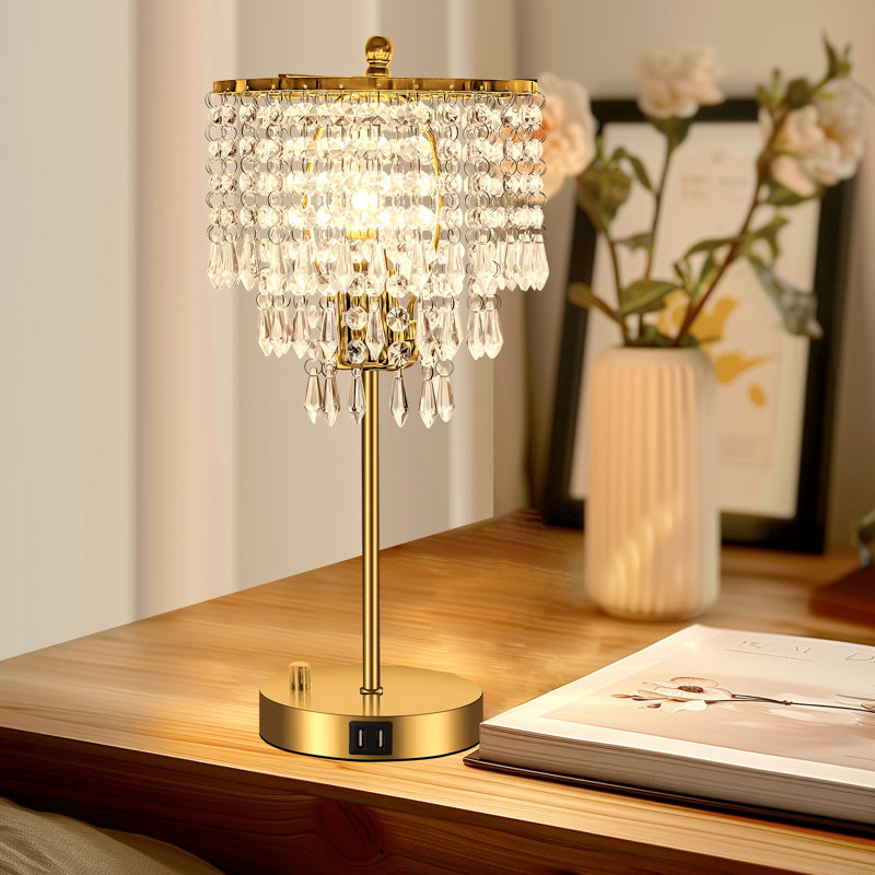 Lampe de bureau à 3 intensités en cristal à intensité variable avec deux ports USB, Transparent, Or