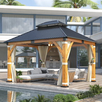 13 Ft. W x 11 Ft. D Outdoor Spruce Wood Gazebo - Galvanized Steel Double Roof with Curtain and Nettings