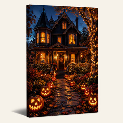 Toile victorienne avec des citrouilles-lanternes brillantes sur toile d'Halloween