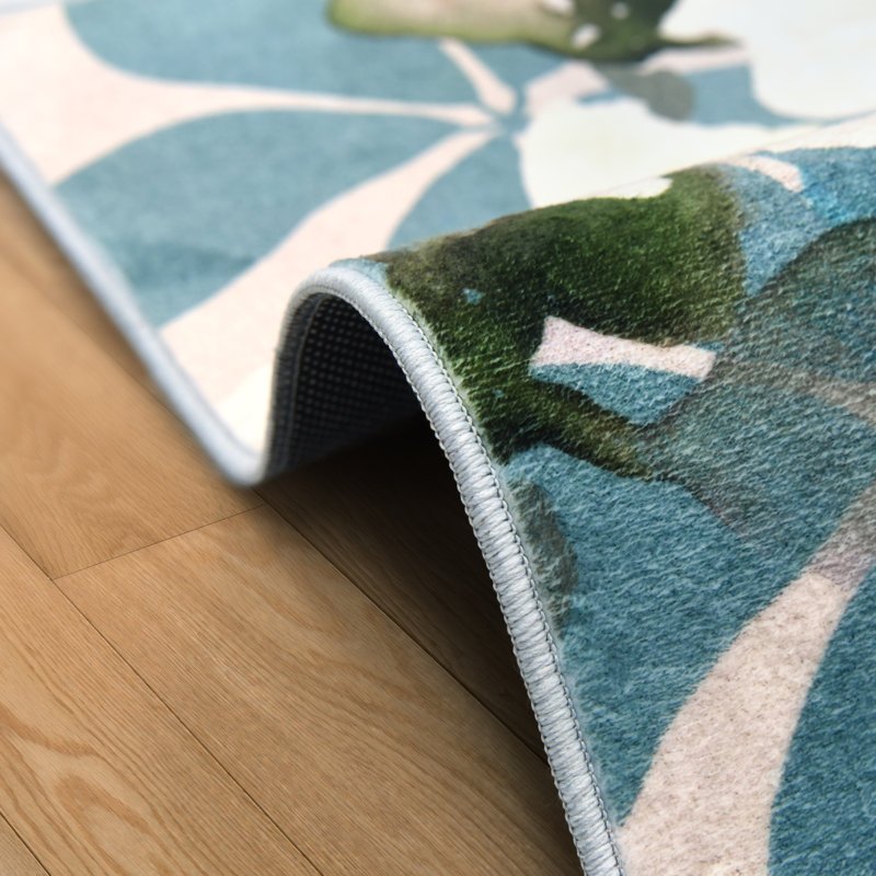 Tapis floral lavé à la main pêche, sarcelle floral 5 pi x 8 pi, tissé à la machine, 100% polyester, velours de 2 mm, antidérapant.