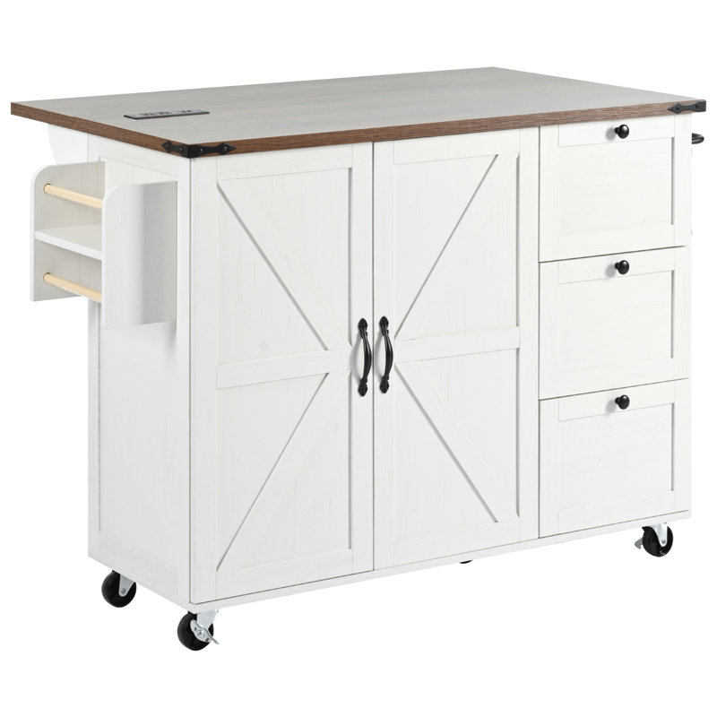 Farmhouse Kitchen Island With Power Outlet, White