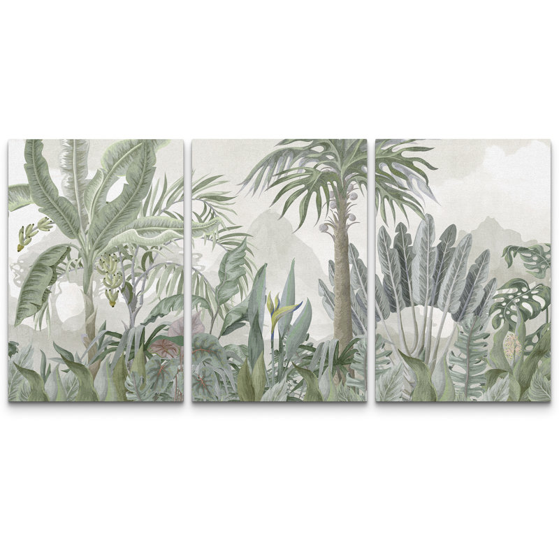 «Soft Neutral Tropical Palms and Jungle Greenery Botanical Wall Decor», reproduction d'art sur toile encadrée 3 pièces.
