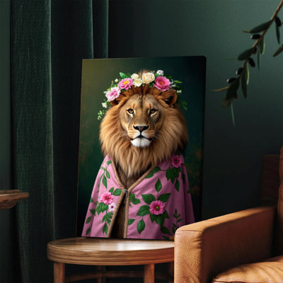 1PC Wall Arts Posters Framed,  Elegant Lion with Floral Crown and Pink Cloak Canvas Wall Art, Boho Chic Animal Portrait Print for Living Room Bedroom Home Decor, Unique Modern Artwork Gift for Nature Lovers and Interior Design Enthusiasts