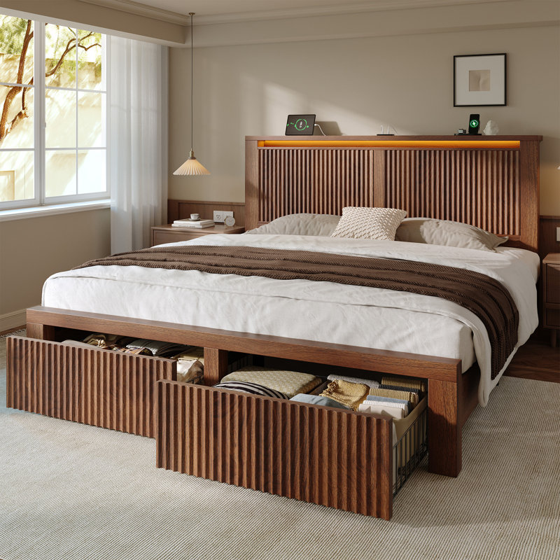 Fluted Panel Platform Bed with LED Headboard, Storage Drawers & USB Charging,No Box Spring Needed, Queen, Dark Brown