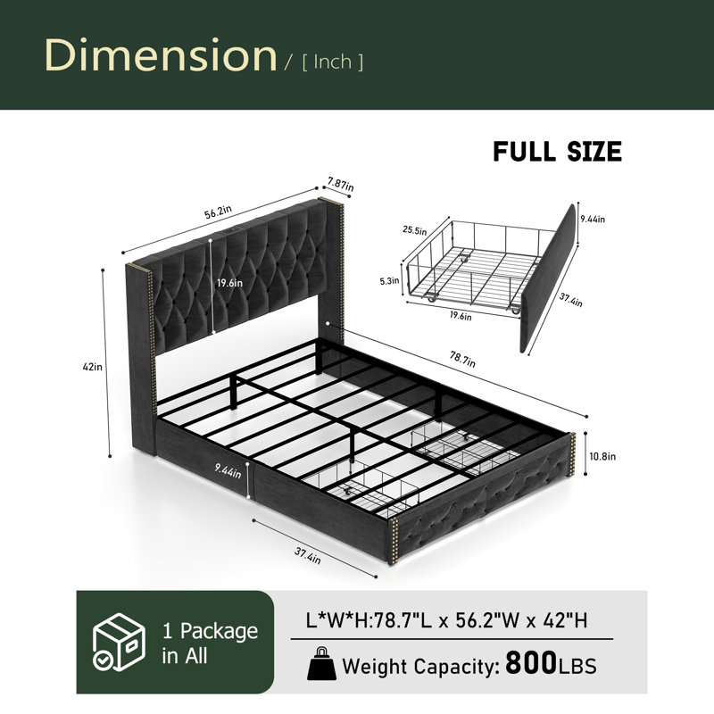 Structure de lit double avec 2 tiroirs de rangement et tête de lit à oreilles