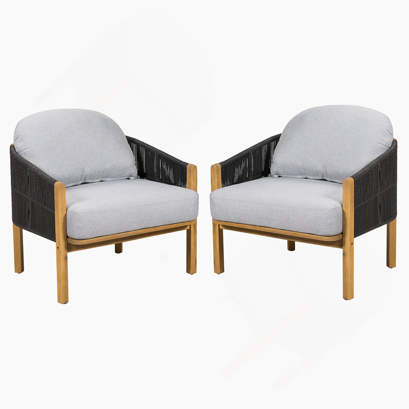 Fauteuil club d'extérieur en bois, corde gris foncé avec coussin gris, ensemble de 2, Gris, Noir