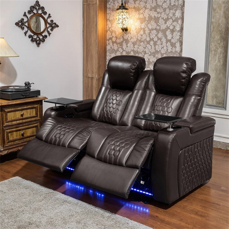 Fauteuil inclinable électrique 62,2 po 2 PC avec nappa de grain supérieur, relaxation entièrement réglable, charge intelligente, éclairage DEL RVB dynamique, CAFÉ