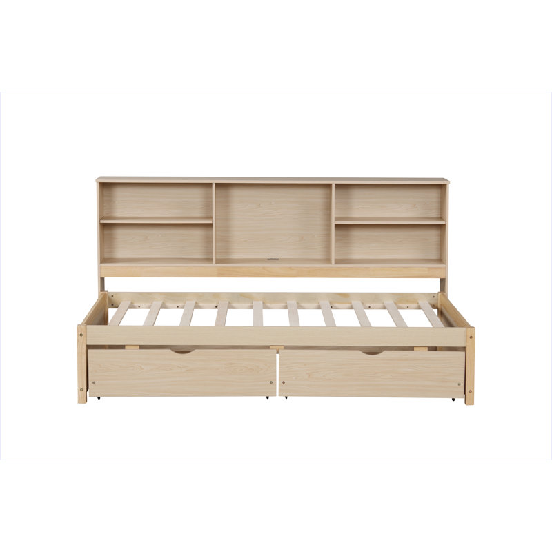 Bed Frame With Side Bookshelves, Two Drawers, And Built-In USB Port, Natural