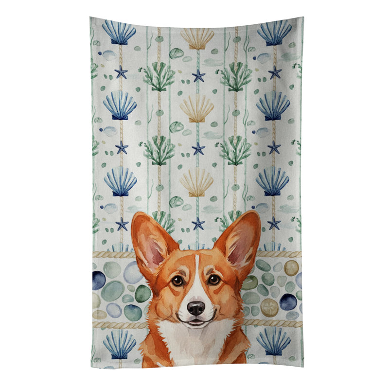Serviette de cuisine blanche en verre de mer à épagneul tibétain blanc, Red Cardigan Welsh Corgi