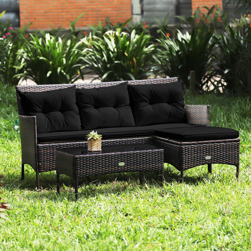 3 Pcs Patio Rattan Furniture Set 3-seat Sofa Cushioned Table Garden Black