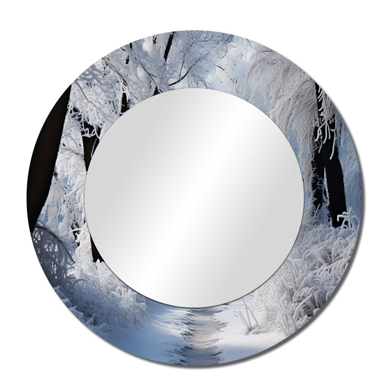 Winter Frosty Forest II - Winter Landscape Decorative Mirror, White Large Round Wall Mirror, Printed Metal Art, 36" x 36"