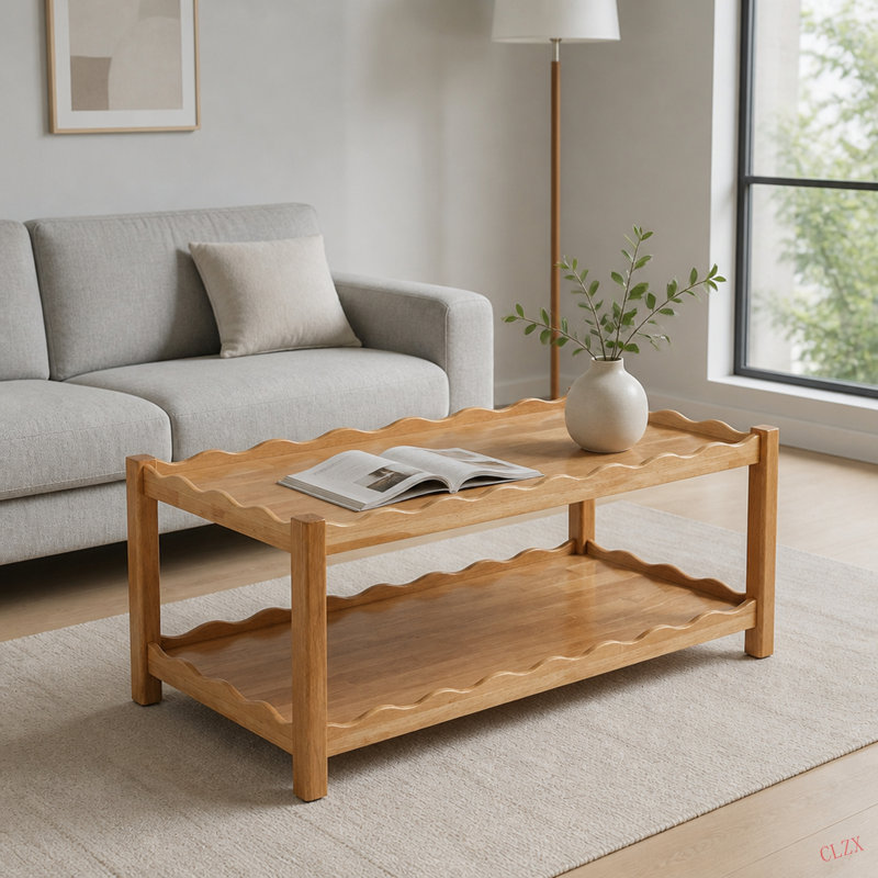 Table basse moderne à 2 niveaux pour meubles de salon, table centrale rectangulaire avec tablette de rangement ouverte, pieds en bois d'hévéa massif, stable et facile à assembler