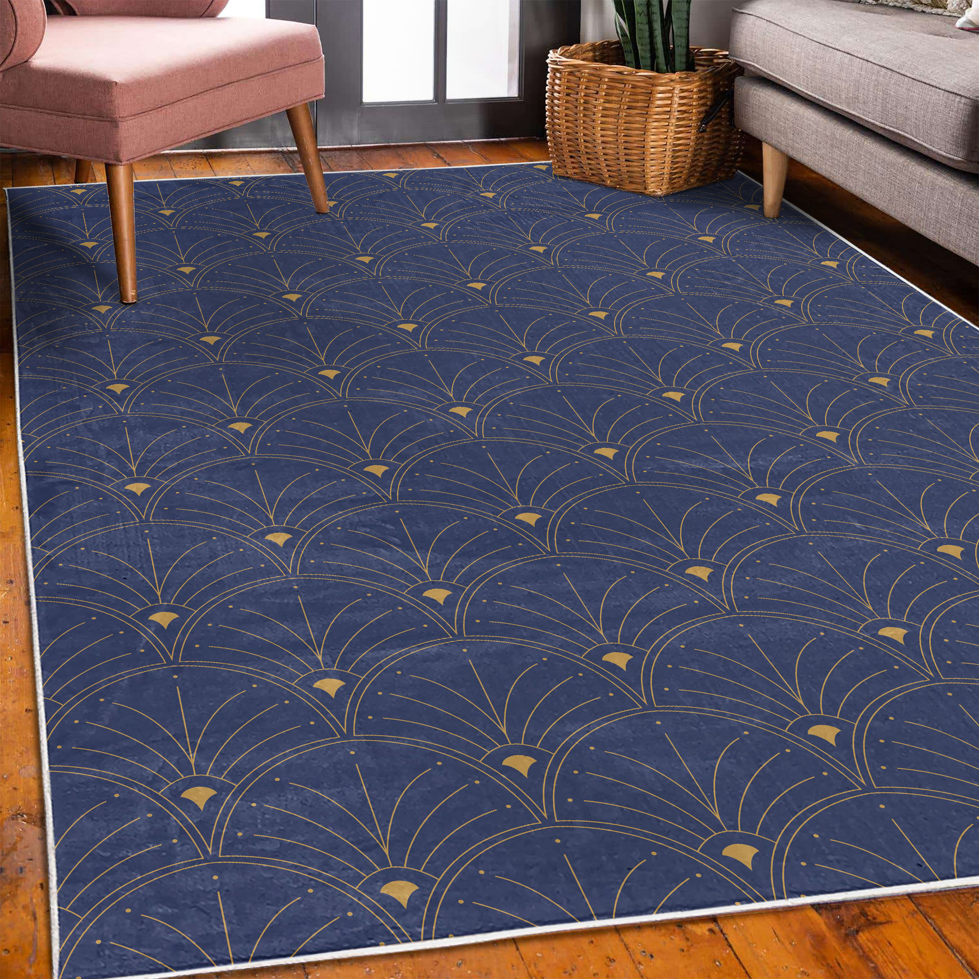 Mercer41 Art Deco Area Rug Carpet Navy Blue Classic Scale Navy Blue